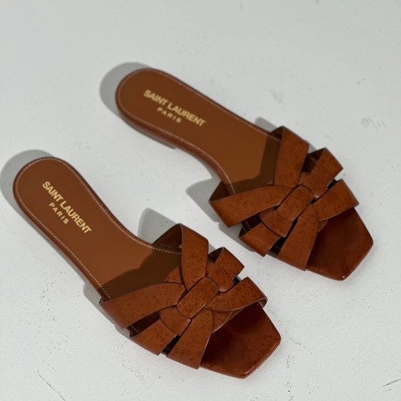 Saint Laurent Shoes - Saint Laurent Brown Tribute 85 Leather Woven Sandal